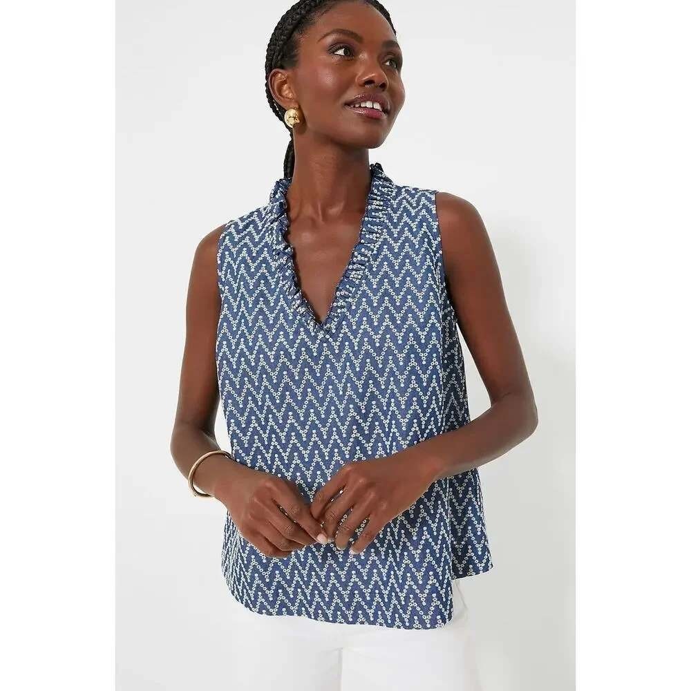 Pomander Place Denim Stripe Veronica Top Blue White Embroidered Ruffle Neck M